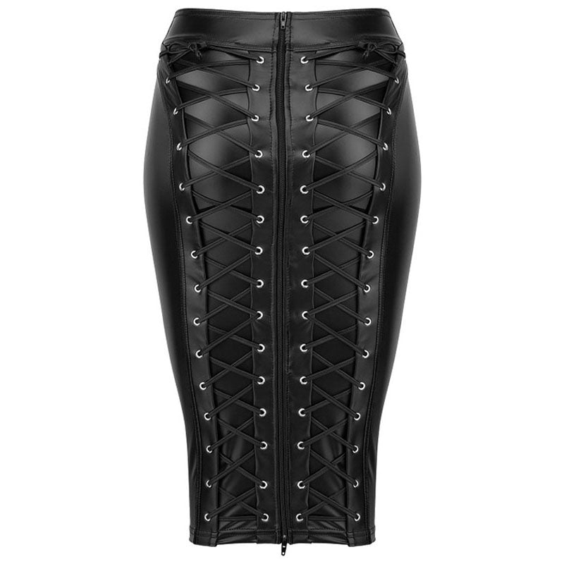 Sexy leather skirts women punk skirt black wrap pencil back zipper lace up