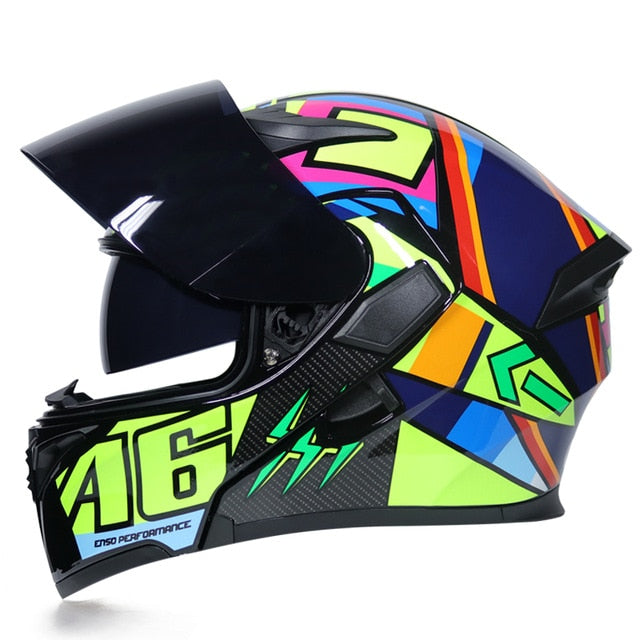 Motorcycle helmet flip up colorful full face helmets sun visor safety double lens