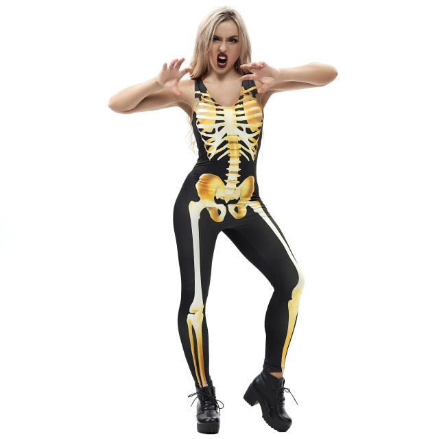 Sexy halloween fantastic scary costume women catsuit jumpsuit cosplay skeleton rose print