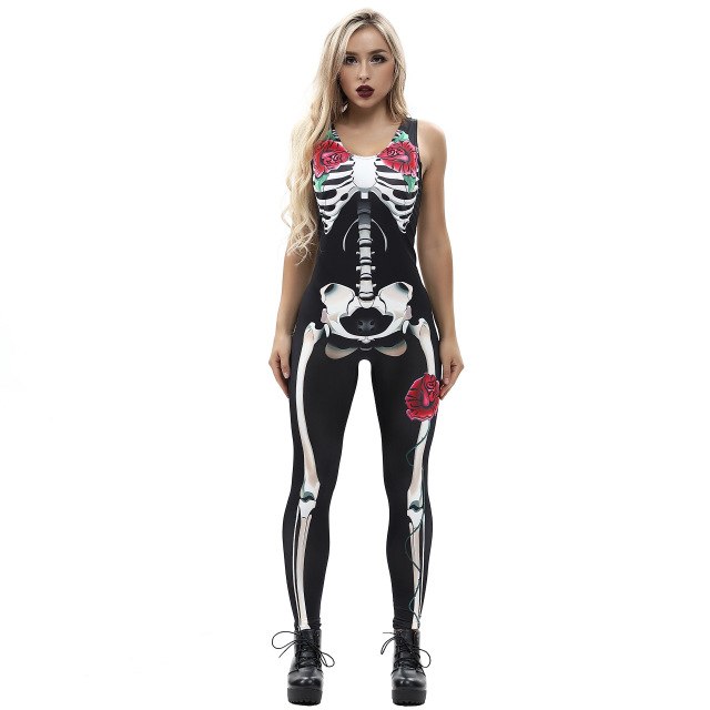 Sexy halloween fantastic scary costume women catsuit jumpsuit cosplay skeleton rose print