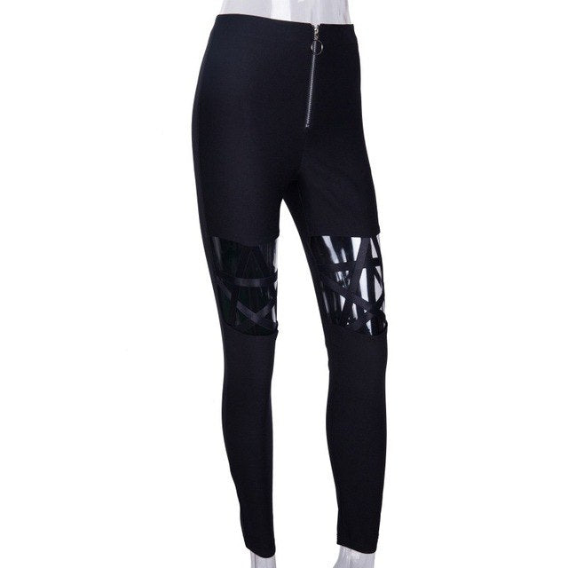Sexy women tight pants black gothic leggings hollow out five-pointed star
