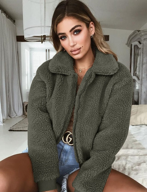 Women winter coat warm jacket soft loose zipper casual faux fur relax new teddy