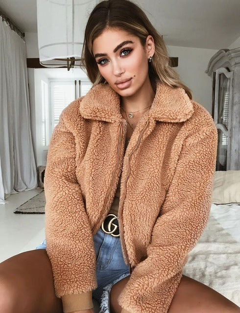 Women winter coat warm jacket soft loose zipper casual faux fur relax new teddy