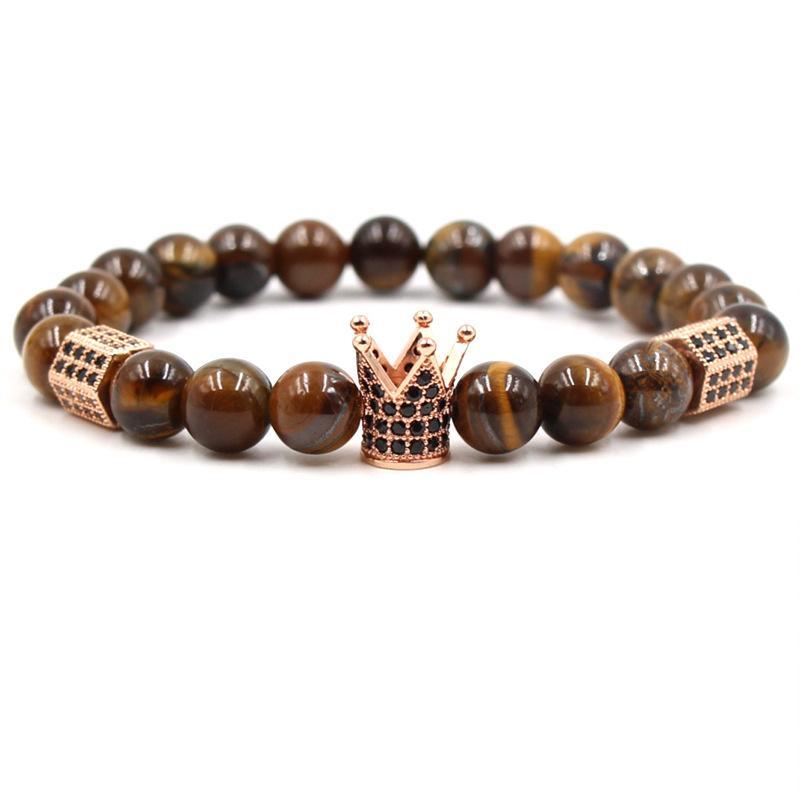 Charm natural stone bracelets zircon black brown crown matt onyx biker men 8mm