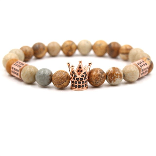 Charm natural stone bracelets zircon black brown crown matt onyx biker men 8mm