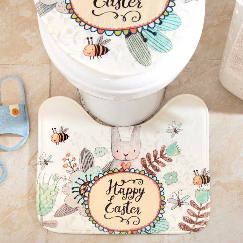 Bathroom mats non-slip rabbit pattern pedestal rug toilet cover bath decor2pcs