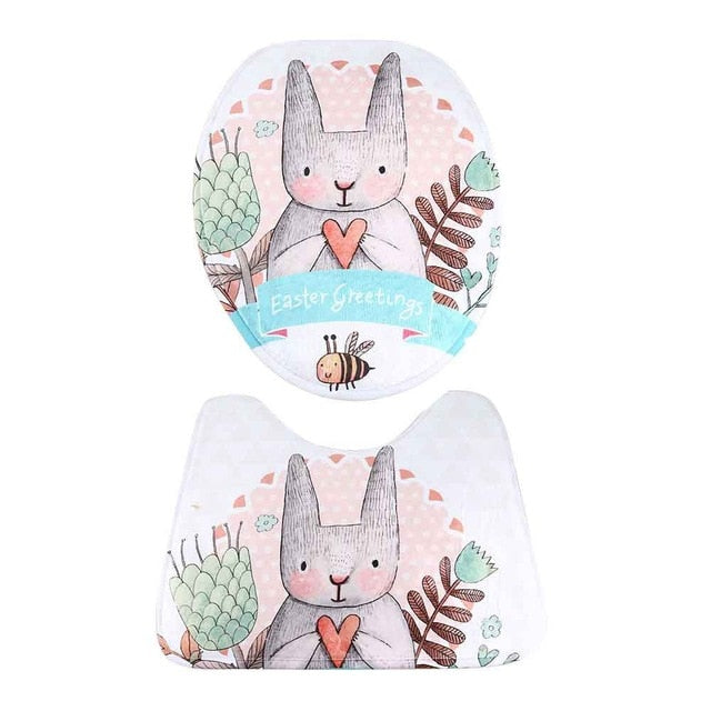 Bathroom mats non-slip rabbit pattern pedestal rug toilet cover bath decor2pcs