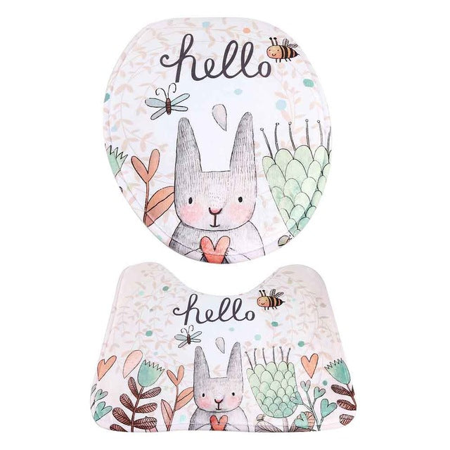Bathroom mats non-slip rabbit pattern pedestal rug toilet cover bath decor2pcs