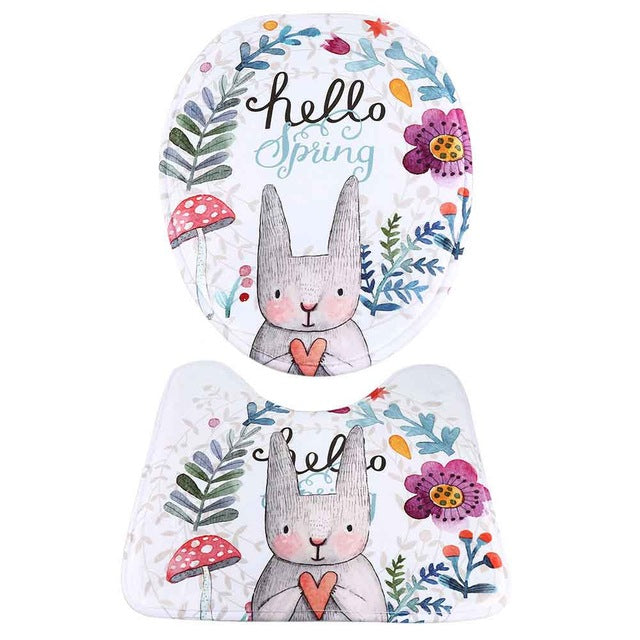 Bathroom mats non-slip rabbit pattern pedestal rug toilet cover bath decor2pcs
