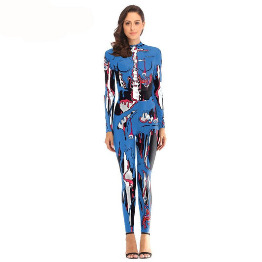 Sexy halloween scary costume woman catsuit blue pink bodysuit eye skeleton terrible party