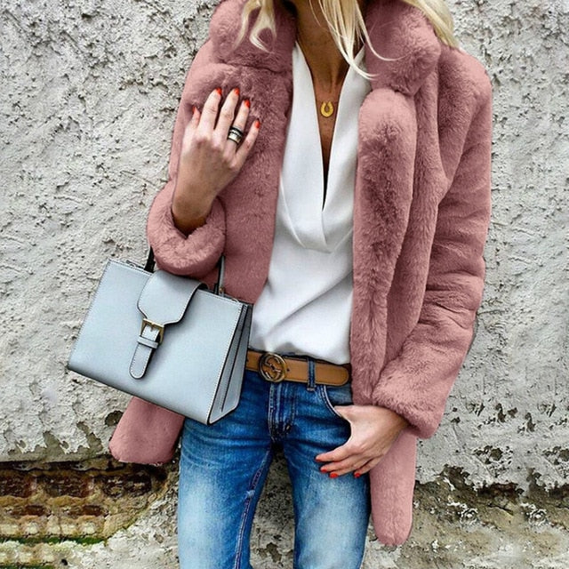 Women winter coat elegant pink faux fur overcoat soft warm casual jacket
