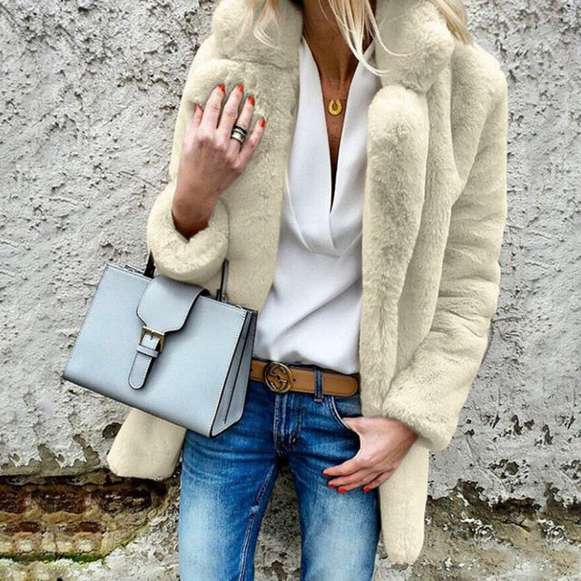 Women winter coat elegant pink faux fur overcoat soft warm casual jacket