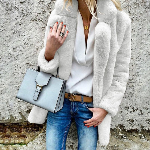 Women winter coat elegant pink faux fur overcoat soft warm casual jacket
