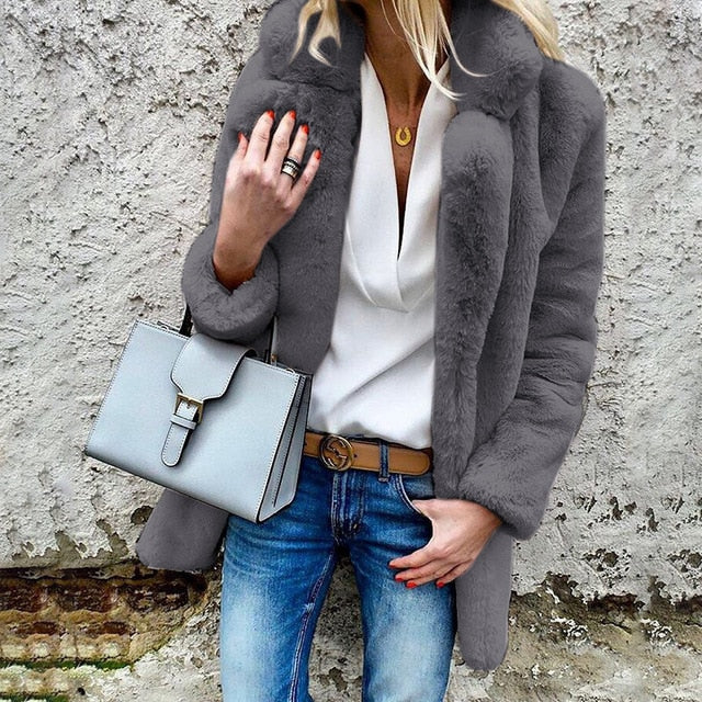 Women winter coat elegant pink faux fur overcoat soft warm casual jacket