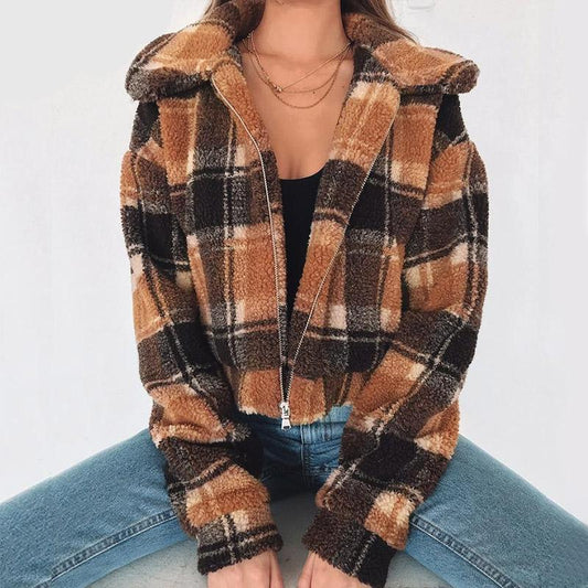 Winter coat women teddy bear overcoat warm faux fur jacket brown plaid