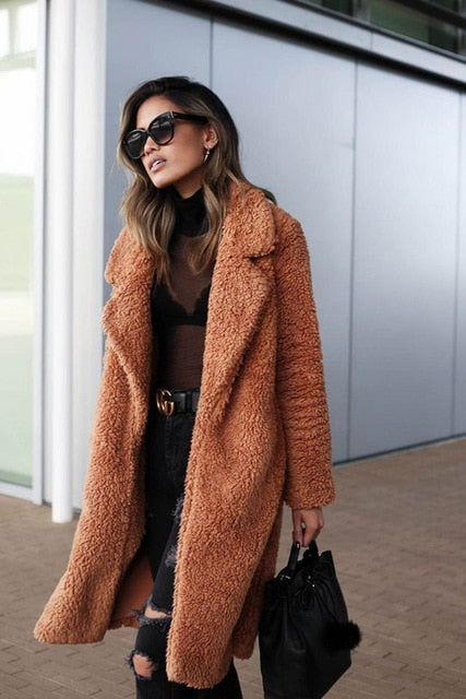 Women long cardigan coat faux fur teddy jacket winter outwear warm soft elegant