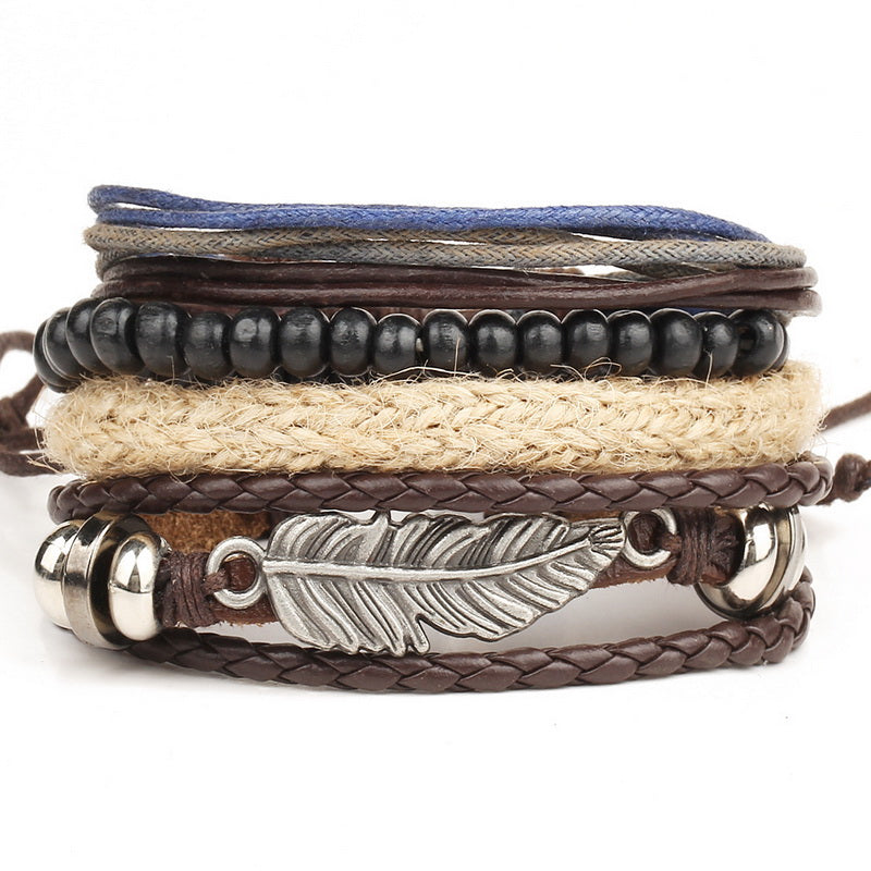 Leather bracelet men retro punk multilayer beads jewelry
