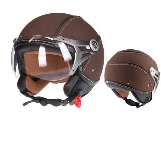 Retro helmet leather motorcycle racing half face flip up jet style brown black white