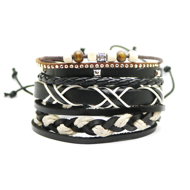 Leather bracelet men retro punk multilayer beads jewelry