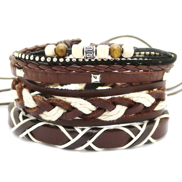 Leather bracelet men retro punk multilayer beads jewelry