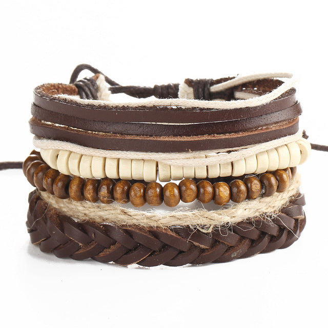 Leather bracelet men retro punk multilayer beads jewelry