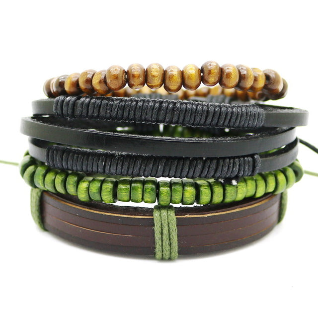 Leather bracelet men retro punk multilayer beads jewelry