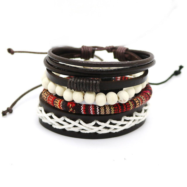 Leather bracelet men retro punk multilayer beads jewelry
