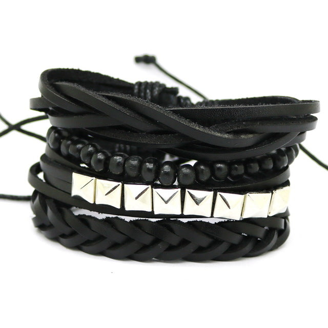 Leather bracelet men retro punk multilayer beads jewelry