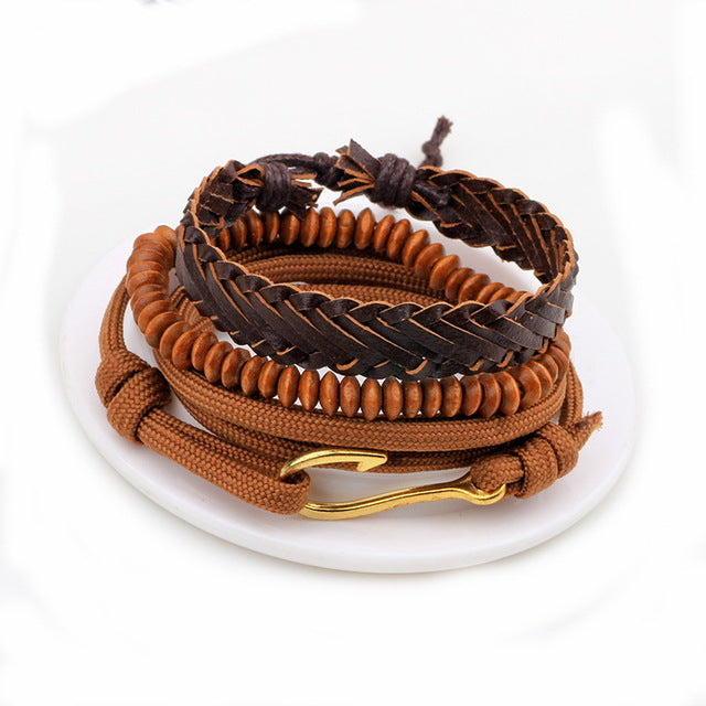Leather bracelet men retro punk multilayer beads jewelry