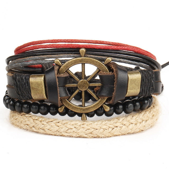 Leather bracelet men retro punk multilayer beads jewelry