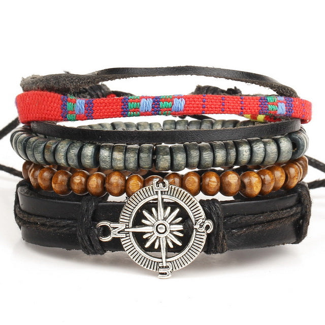 Leather bracelet men retro punk multilayer beads jewelry