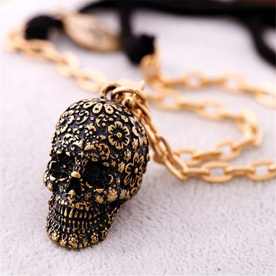 Vintage skull pendant necklace gothic flower CZ men women biker jewelry