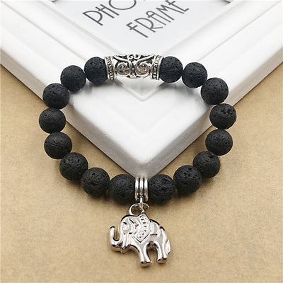 Elephant pendant bracelet charm black lava stone beads vintage jewelry