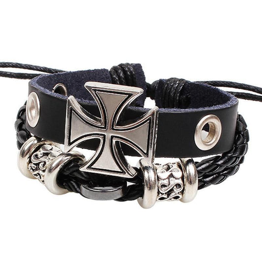 Vintage leather bracelet charm black silver wrap casual biker rocker