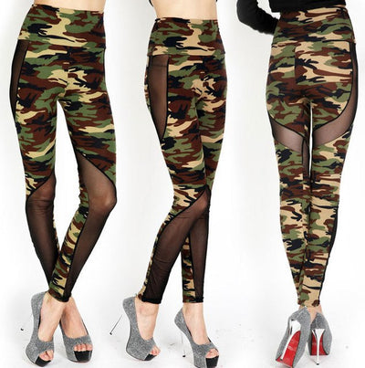 Camouflage army green pants sexy leggings stretch mesh high waist women