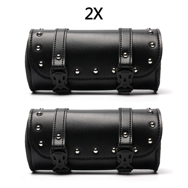 Leather motorcycle saddle bags black roll barrel for biker motorbike