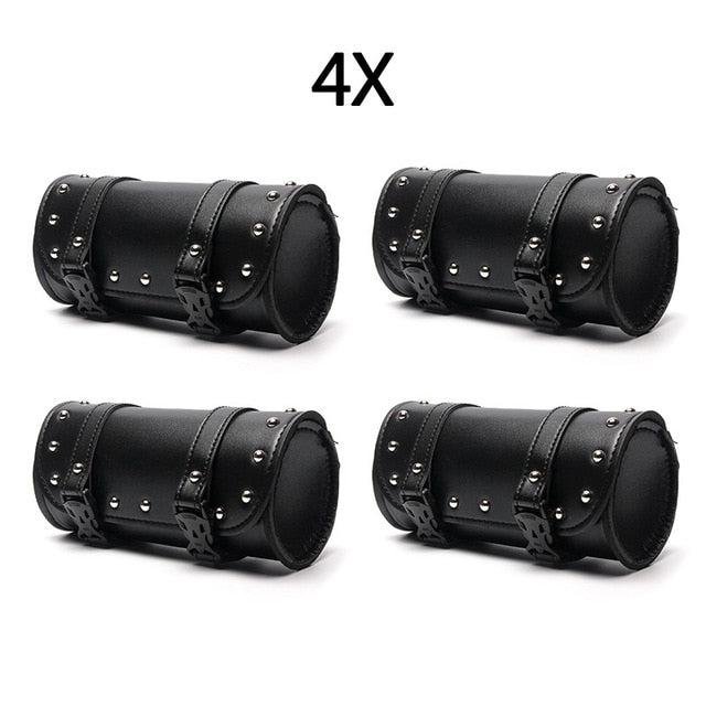 Leather motorcycle saddle bags black roll barrel for biker motorbike