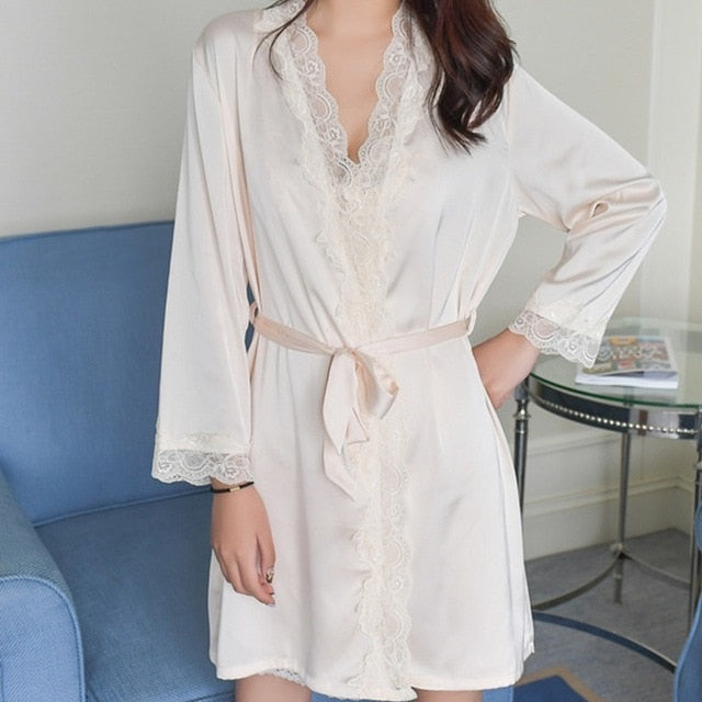 Sexy robe sleepwear women satin silk lace new year gifts
