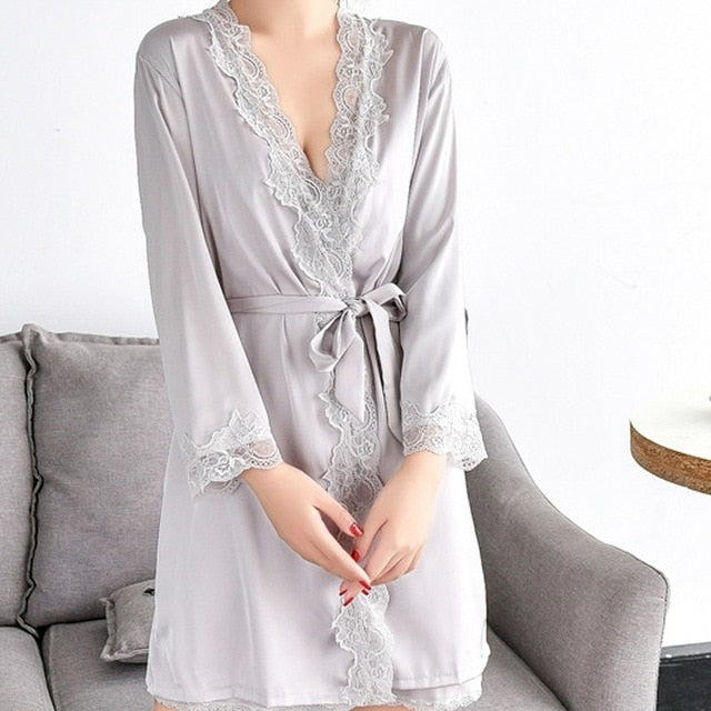 Sexy robe sleepwear women satin silk lace new year gifts