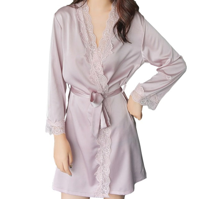 Sexy robe sleepwear women satin silk lace new year gifts