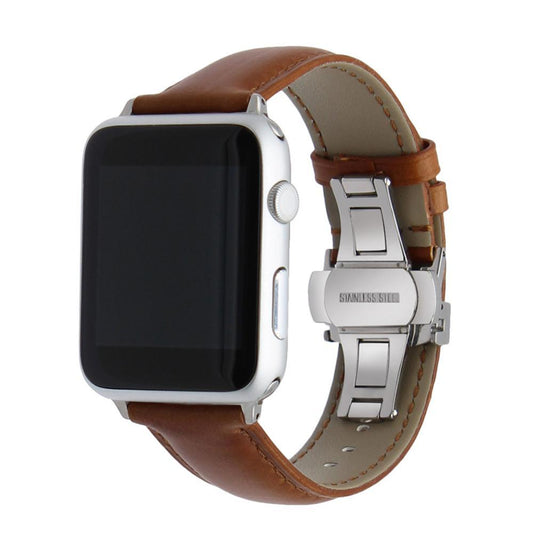 Leather watchband for iWatch Apple Watch 38mm 42mm steel butterfly buckle band wrist bracelet