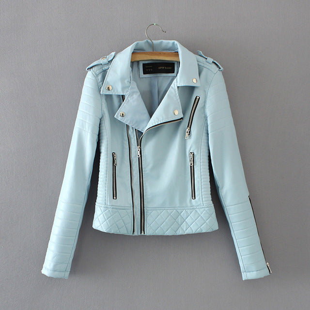 Leather motorcycle jackets lady biker coat zippers outerwear black blue