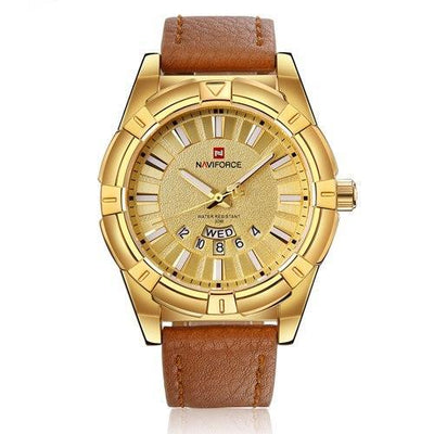 Business men wristwatch leather watch gold waterproof day date