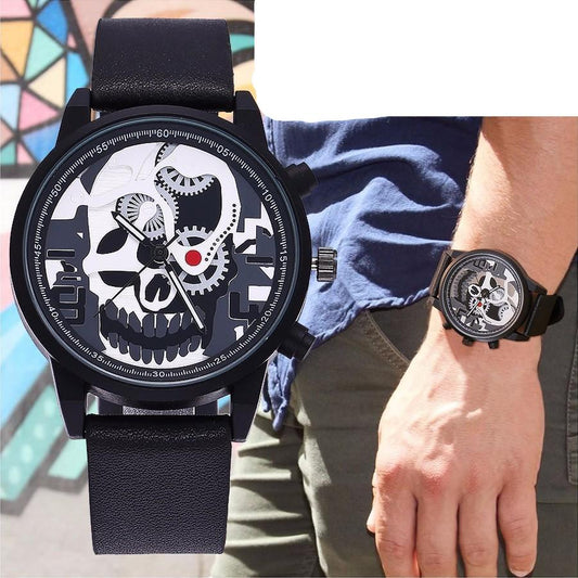 Leather watches men sports unique pirate skeleton skull quartz style