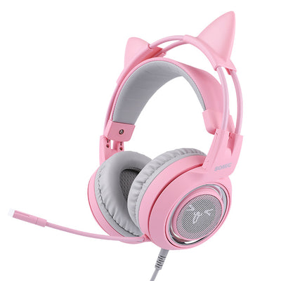 Cat ear headphones pink gaming headsets gadget USB virtual sound for computer PC