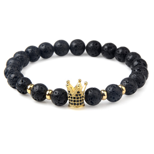Charm natural lava stone bracelet CZ skeleton skull head helmet crown men jewelry
