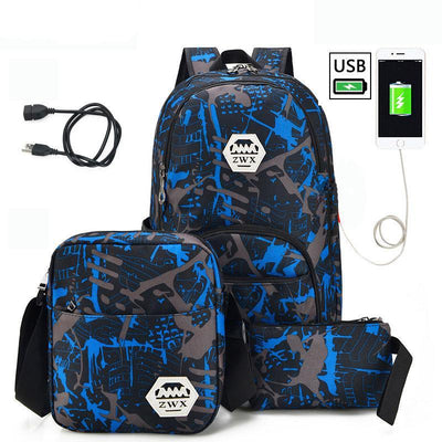 Men backpacks 3 set USB charge waterproof travel sport bag