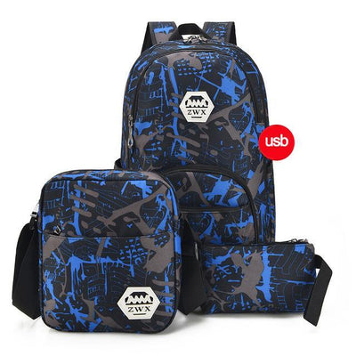 Men backpacks 3 set USB charge waterproof travel sport bag