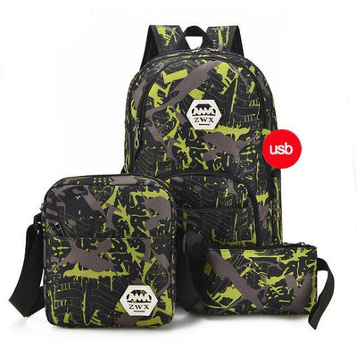Men backpacks 3 set USB charge waterproof travel sport bag