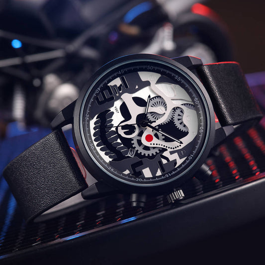 Sports leather wristwatch men gear dial creative skull head design